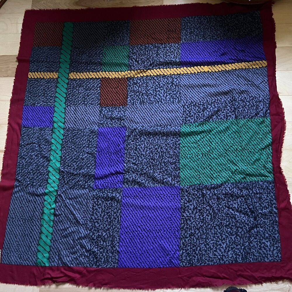 Vintage Rodier Scarf wool multicolor oversize blue burgundy 50 x 53